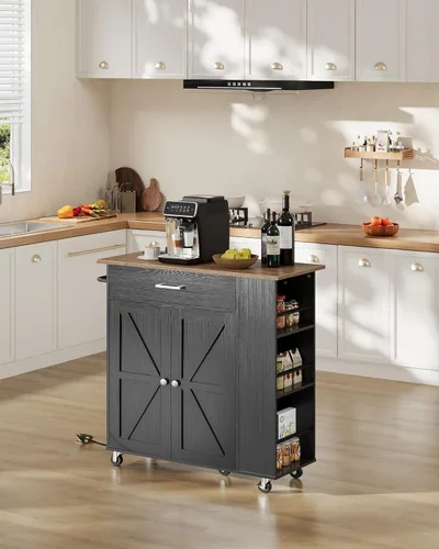 Vista 2 de CHOEZON Carrito de isla de cocina con almacenamiento, carrito de bar con estación de carga, isla de cocina sobre ruedas, mesa móvil rodante
