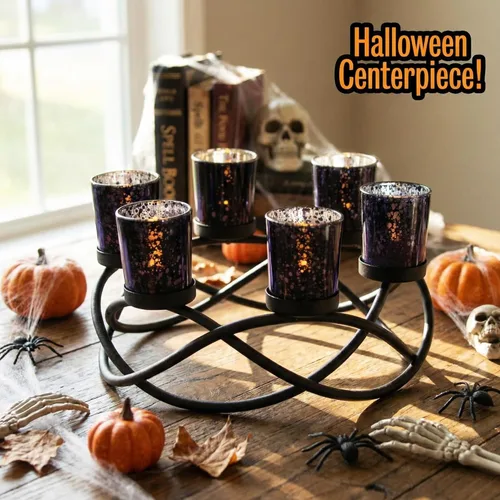 Vista 2 de Seraphic Portavelas de Halloween Decoración de Centro de Mesa – Portavelas de Hierro Metal Negro de 6 Copas para Velas Votivas y de Té para Mesa