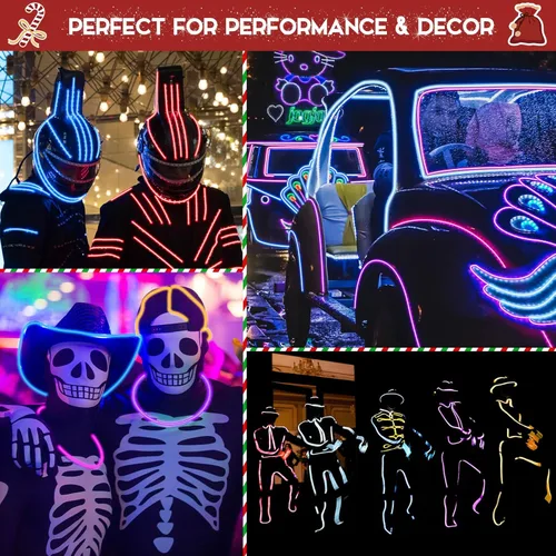 Vista 5 de Meonum Paquete de 6 luces LED de alambre EL de neón de 16 pies, luces LED de 360° para bricolaje, cuerda brillante, funciona