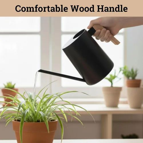 Vista 7 de Regadera pequeña de metal de 35 onzas para interior con boquilla larga y mango de madera real para plantas de casa, suculentas, cactus y plántulas
