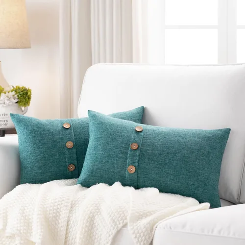Vista 33 de Meekio Juego de 2 Fundas de Almohada Verde Aqua de 16 x 16 Fundas de Almohada de Lino con Botones de Coco Decoración de Granja Regalos
