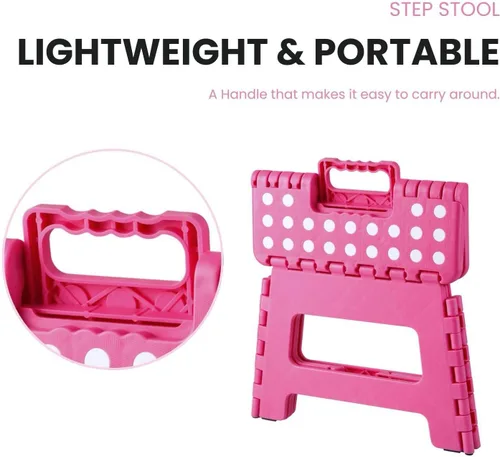 Vista 5 de PandaEar Taburete plegable con asa, taburete plegable de plástico pequeño de 9 pulgadas para niños, ideal para baño, cocina, dormitorio (rosa)