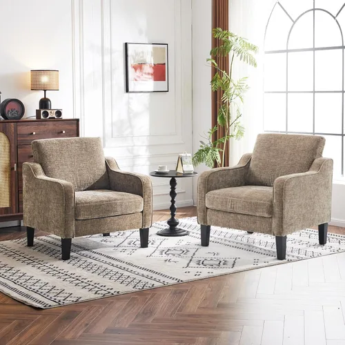 Vista 39 de VINGLI Silla decorativa moderna de mediados de siglo, sillas decorativas de tela beige para sala de estar, sillón tapizado, sofá con brazos