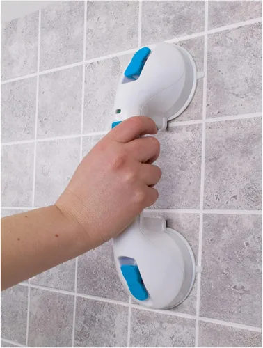 Vista 2 de Carex Barra de agarre de ducha con ventosa, mango de ducha de 12 pulgadas, barras de agarre de doble bloqueo para bañeras y duchas, personas