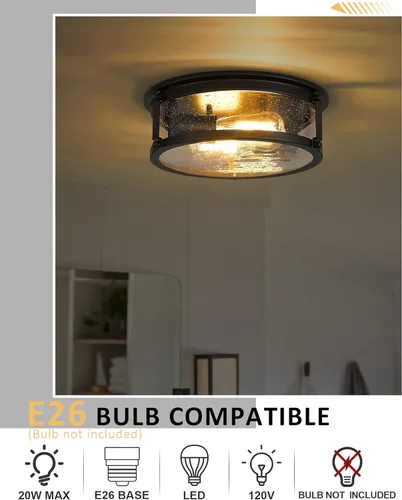 Vista 5 de Lámpara de techo negra de montaje empotrado, lámpara de techo de jaula de metal de 2 luces, lámpara industrial de montaje empotrado con pantalla