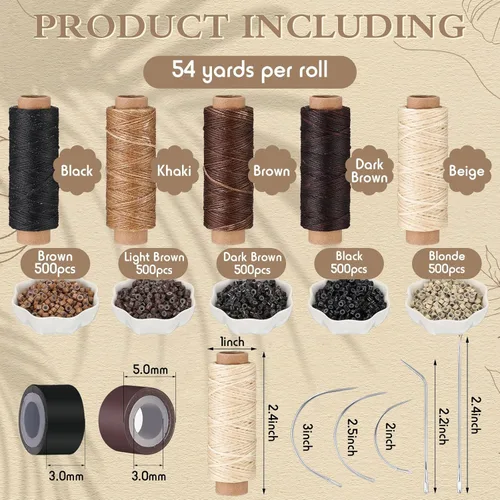 Vista 2 de Yuxung 2500 extensiones de cabello, micro anillos, enlaces y 5 rollos de extensiones de hilo de coser y 10 agujas C/J/I Kit para cabello humano