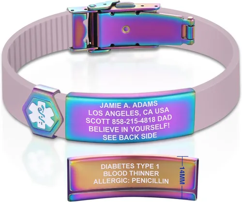 Vista 148 de Divoti Pulsera de identificación de alerta médica grabada personalizada, grabado láser de doble cara (hasta 9 líneas), pulsera de silicona ajustable
