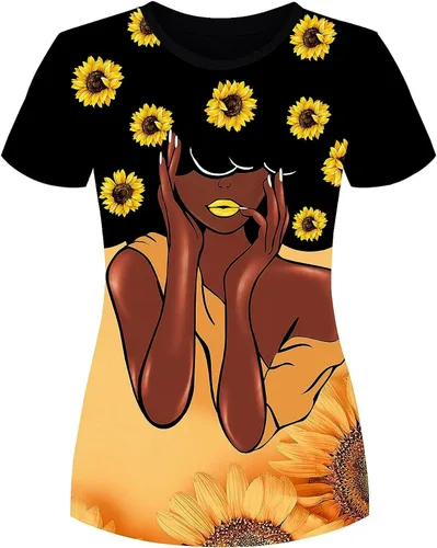 Vista 6 de Camisa para mujer con estampa 3D de mujer negra, con afro, pelo natural, camisa informal Negro-10