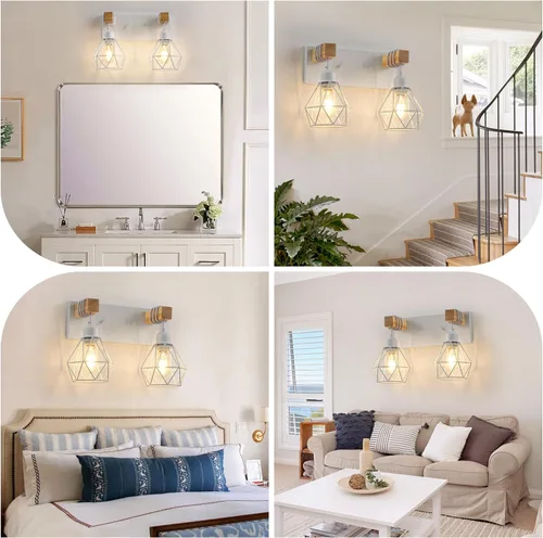 Vista 6 de Juego de 2 luces de tocador estilo granja para baño, accesorios de iluminación de madera blanca sobre espejo, apliques rústicos de pared
