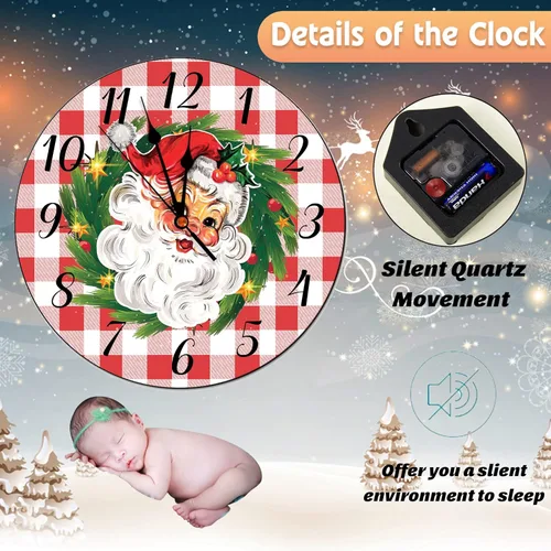 Vista 3 de Reloj de Navidad de Papá Noel retro de 10 pulgadas, reloj de Navidad rojo y blanco, a cuadros, silencioso, funciona con pilas, fácil de leer