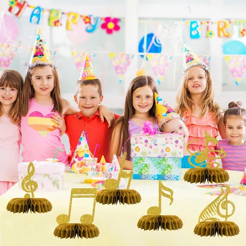 Vista 4 de Maicaiffe Decoraciones de centros de mesa de nido de abeja con notas musicales, 8 piezas con purpurina, decoración de mesa para fiesta temática