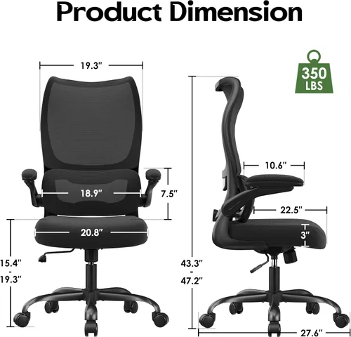 Vista 3 de Silla de oficina ergonómica - Silla de oficina cómoda de malla con respaldo alto con rueda de apoyo lumbar, sillas de oficina para el hogar
