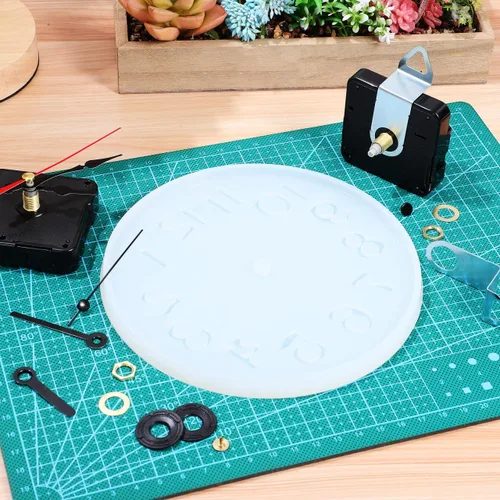 Vista 7 de EXCEART Paquete de 2 moldes de silicona de resina para reloj con mecanismo Kit de fabricación de relojes de pared con números romanos