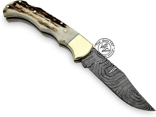 Vista 2 de Cuchillo de bolsillo plegable hecho a mano de acero de Damasco de 6.5 pulgadas, cuchillo de caza, accesorios de caza de supervivencia al aire libre