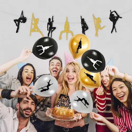 Vista 7 de Decoraciones de fiesta de cumpleaños de bailarina de poste de oro negro, pancarta de feliz cumpleaños para despedida de soltera, suministros