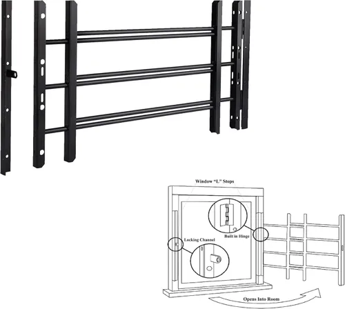 Vista 10 de Grisham PP SPAG Barras de Seguridad para Ventanas con Liberación Rápida de Emergencia, (Blanco, 5 Barras) 22'' de Alto x 22''- 42'' de Ancho