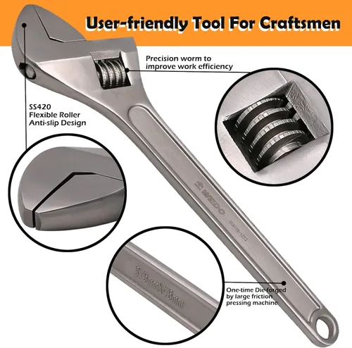 Vista 4 de WEDO Juego de llaves ajustables de acero inoxidable, 3 piezas, llaves ajustables, mandíbulas fresadas de precisión para una máxima potencia