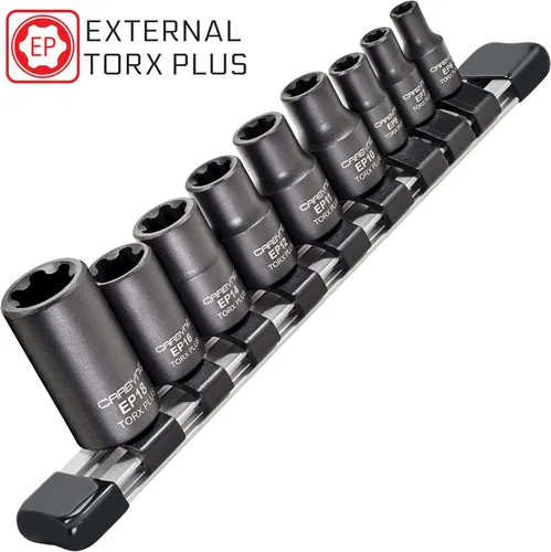 Vista 2 de CARBYNE Juego de llaves Torx Plus (E-Torx Plus) de 9 piezas, EP6 a EP18, acero CrV, acabado de fosfato de manganeso, 1/4 y 3/8 y 1/2 pulgadas