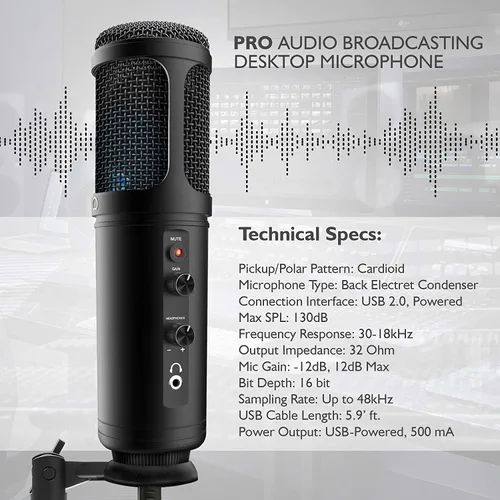 Vista 2 de JOVIAL Pyle - Micrófono de condensador de grabación USB para PC, micrófono de escritorio portátil de condensador de audio profesional, LED azul