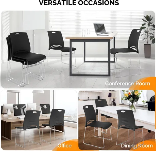 Vista 6 de VINGLI Juego de 4 sillas apilables de oficina con base de trineo de metal, asiento ergonómico de plástico, sillas apilables para sala de espera