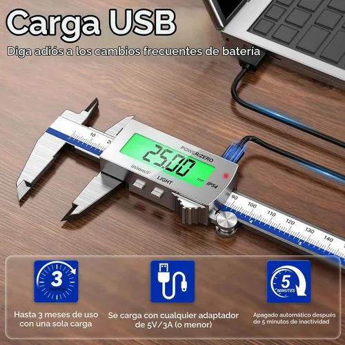 Vista 3 de Preciva Calibre digital de retroiluminación, micrómetro electrónico recargable impermeable IP54 de 6 pulgadas con pantalla LCD, conversiones de Negro