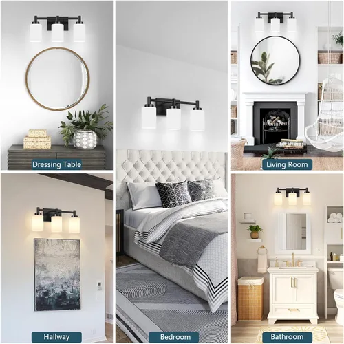 Vista 7 de Lomoky 3-Light Bathroom Vanity Light Fixtures Over Mirror, Rustproof Vanity Lights for Bathroom, Modern Black Bathroom Lights Wall Mount with Milky