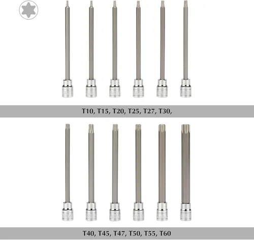 Vista 2 de EMENTOL 12 piezas 3/8" de transmisión Extra Largo Juego de enchufes de brocas torx, CR-V, acero S2, juego de enchufes de brocas de estrella de 5.9