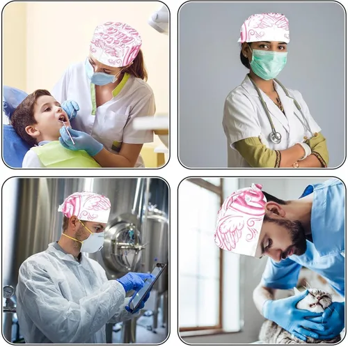 Vista 5 de VBFOFBV Working Cap with Buttons Sweatband Ribbon Tie Back Bouffant Hats, Pink Cartoon Angel