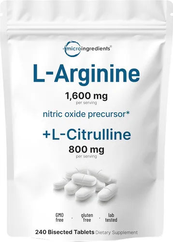 L-Arginina - Suplemento de óxido nítrico de 1,600 mg para hombres con L-citrulina, 240 tabletas bisectadas, precursor de óxido nítrico, soporte