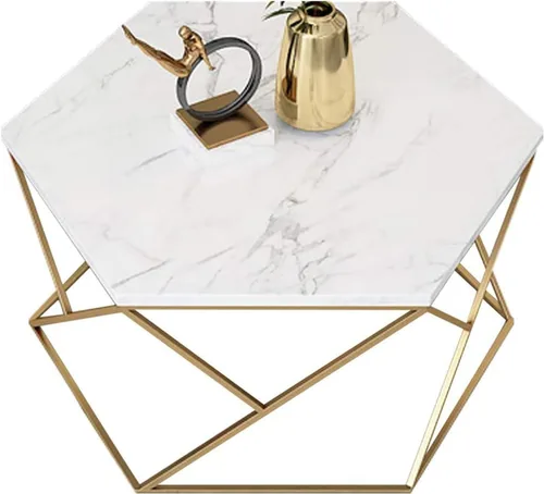 Mesa Hexagon Coffee Table w/Marble Top + Metal Base Creative Modern Leisure Snack Side Table 60cm Small Accent Table for Living Room Bedroom