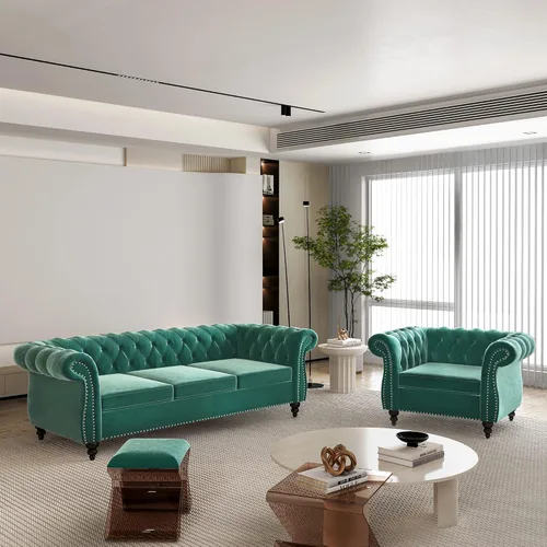 Vista 41 de Juego de 2 piezas para sala de estar, sofá Chesterfield de cuero con reposabrazos enrollados y tachuelas para sala de estar, oficina (negro)