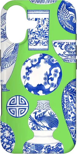 Vista 32 de Blue Willow Chinoiserie Pagoda Ginger Jar Preppy Blue Green Case para iPhone 16