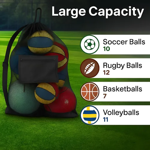 Vista 3 de Handy Laundry Mesh Ball Bag - Up to 15 Balls Large Capacity Sports Equipment Bag Carrier with Adjustable Strap and Drawstring Closure - For Soccer