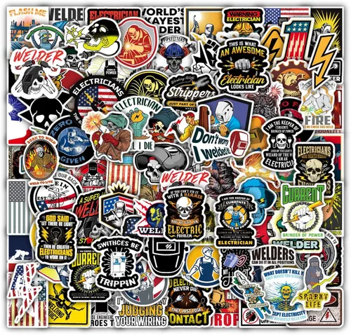 Paquete de 100 calcomanías para casco duro, electricista y soldador, calcomanías mixtas de vinilo impermeables, divertidas calcomanías para casco de