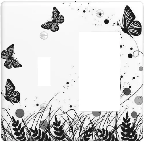 Vista 23 de Placa de Cubierta de Interruptor de Luz de 2 Posiciones Combinación de Abstracción/1 Toggle 1 Rocker Placas Decorativas de Pared de Plástico Negro