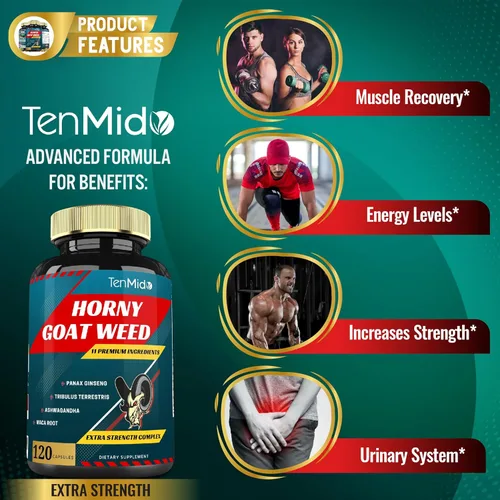 Vista 5 de Cápsulas de extracto de maleza de cabra cachonda de 10000 mg y ginseng, tribulus, ashwagandha, maca, tongkat y más, 120 cápsulas