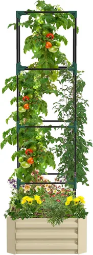 Vista 14 de Outsunny - Macetero de jardín elevado con enrejado arqueado para plantas trepadoras de enredadera, flores colgantes, macetero de madera