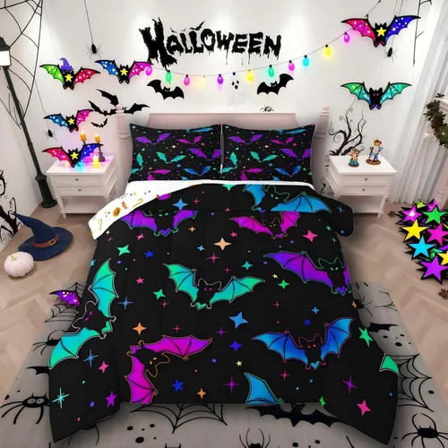 Erosebridal Juego de ropa de cama de murciélago de Halloween, tamaño individual, juego de edredón de estrellas con purpurina y galaxia para niños,