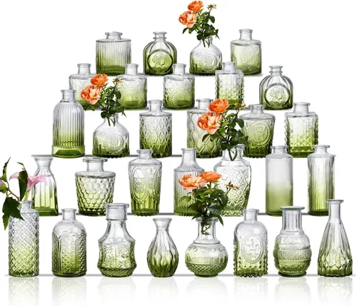 Vista 11 de Juego de jarrones de cristal para capullos de 20 piezas - Jarrones pequeños para flores a granel - Jarrones de cristal vintage surtidos para flores