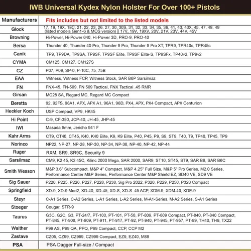 Vista 2 de Funda híbrida universal Kydex y nailon, apta para Glock 17/19/19X, Sig P365/P320, Taurus G2C/G3C, M&P Shield, Springfield XD-S, CZ P-10C, Bersa