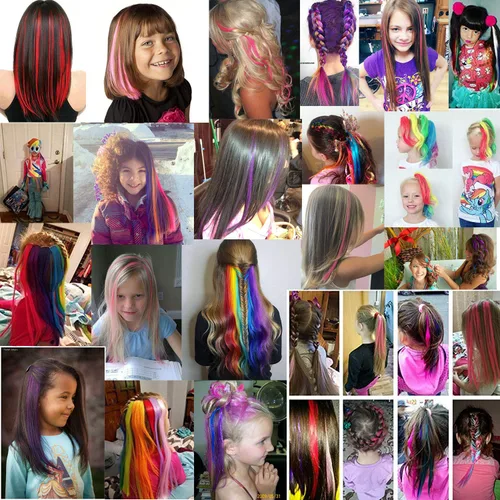 Vista 8 de 16 extensiones de cabello sintético multicolor de 21 pulgadas con clip para fiesta, accesorios para el cabello para niñas