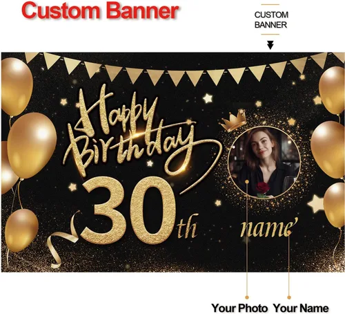 Vista 2 de Custom Happy Birthday Banner,Customize Photo Name and Age Banners Decorations Backdrop for Women Men Boys Girls, Personalization Birthday Banners