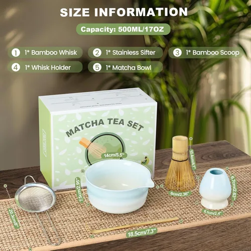 Vista 4 de Dayacoco Juego de batidor de matcha, juego de cerámica matcha incluye cuenco con boquilla, batidor, soporte, cuchara y tamiz de bambú, kit de té