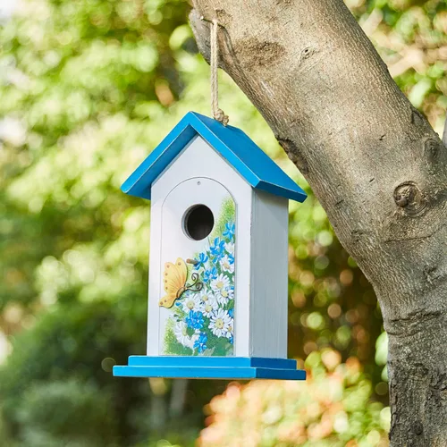 Vista 19 de Glitzhome - Casas de pájaros para exterior, casa de pájaros de madera rústica de 10" de alto, casa de pájaros decorativa envejecida para jardín