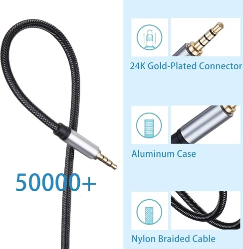 Vista 4 de Cable de audio macho a macho de 1 pie, 0.138 in de nailon trenzado de 4 polos, cable auxiliar estéreo para auriculares, PS4, teléfono, tabletas