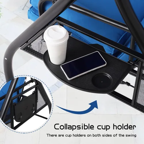 Vista 7 de Columpios de porche para exteriores de 3 asientos con toldo ajustable, banco de columpio para patio con soporte, cama columpio resistente