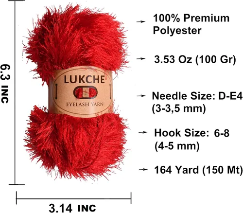 Vista 3 de Hilo de Pestañas de Pelo Divertido Premium 100% Poliéster 164 Var (150 Mt), 3.53 Oz (100 Gr) Hilo de Ganchillo Colorido DIY para Tejer a Mano. Rojo