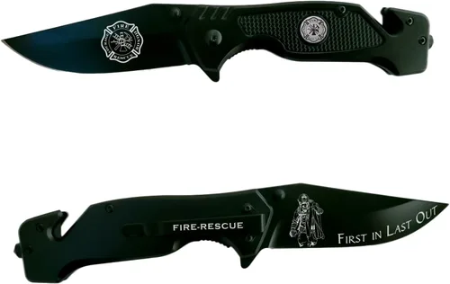 Cuchillo táctico plegable Firefighter Black Stealth Elite - Cuchillo de bombero de rescate - Regalo para personal de primera respuesta - Pequeña