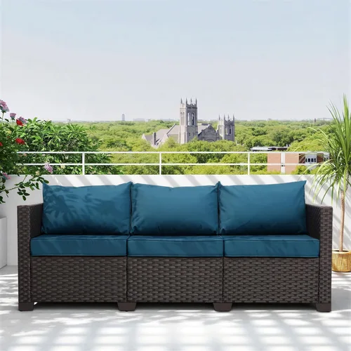 Vista 11 de Valita Muebles de patio de 3 asientos, sofá de mimbre marrón, muebles de exterior, sofá de exterior, asiento profundo, respaldo alto, funda Azul