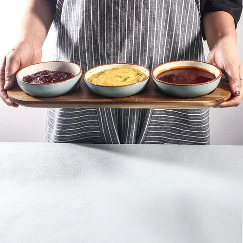 Vista 4 de Artena Juego de 6 Tazas de 177ml de Cerámica Sólida Turquesa para Chips y Dip con Bandeja de Madera de Acacia, Tazas de Servir Pequeñas de 11.4cm